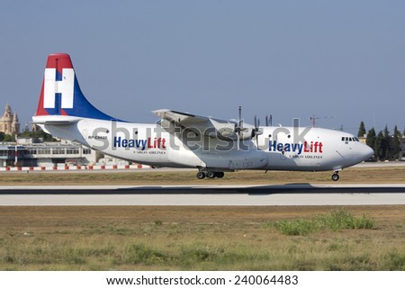 Luqa, Malta August 3, 2008: HeavyLift Cargo Airlines Short SC-5 Belfast C1 landing runway 13. This is the last airworthy Belfast.