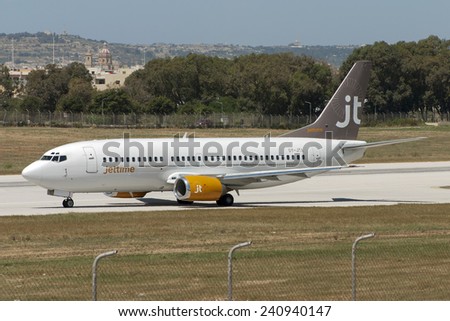 Luqa, Malta May 12, 2007: Jet Time Boeing 737-33A exiting taxiway \