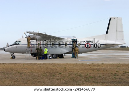 Luqa, Malta September 9, 2007: French Navy Aerospatiale N-262A-45 being attended by its crew in apron 4.