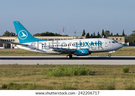 Luqa, Malta July 8, 2007: Luxair Boeing 737-5C9 landing runway 14.