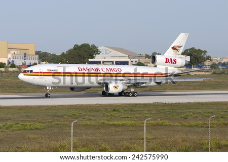 Luqa, Malta June 23, 2007: DAS Air Cargo McDonnell Douglas DC-10-30CF departing runway 14 in the early morning.