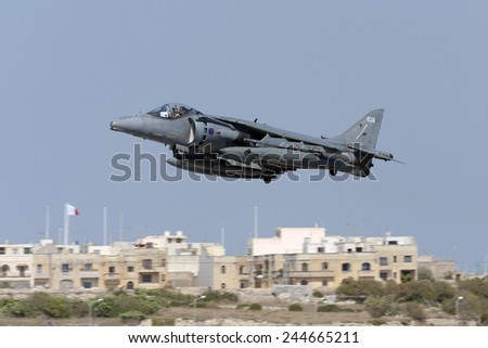 Luqa, Malta July 22, 2007: Royal Air Force British Aerospace Harrier GR7A takes off from runway 31.