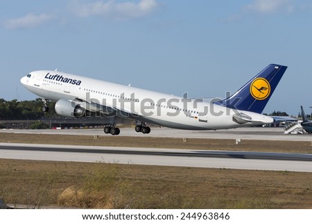Luqa, Malta August 11, 2007: Lufthansa Airbus A300B4-603 takes off from runway 32.