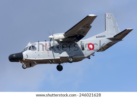 Luqa, Malta September 25, 2009: Malta Air Squadron CASA C-212-200 Aviocar, leased for only 3 months, on finals for runway 32.