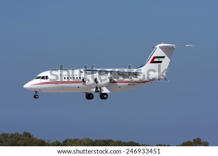 Luqa, Malta June 20, 2008: United Arab Emirates (Dubai Air Wing) British Aerospace Avro 146-RJ85A landing runway 31.