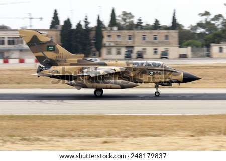 Luqa, Malta May 9, 2008: Saudi Arabian Air Force Panavia Tornado IDS braking runway 14 after landing.