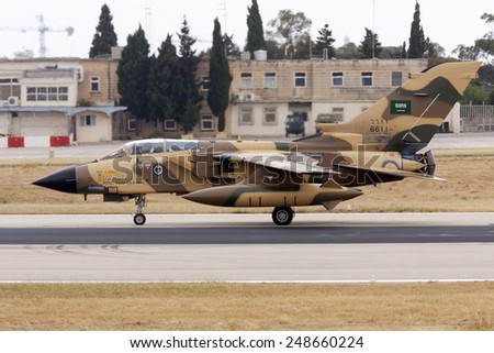 Luqa, Malta May 9, 2008: Saudi Arabian Air Force Panavia Tornado IDS backtracking runway 14 after landing.