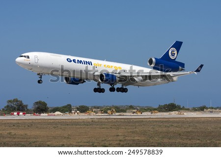 Luqa, Malta July 23, 2008: Gemini Air Cargo McDonnell Douglas MD-11(F) on finals runway 31.