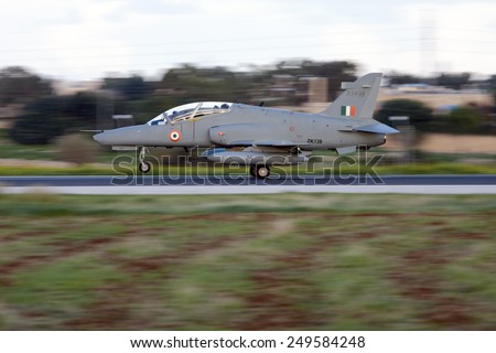 Luqa, Malta December 13, 2008: Brand new Indian Air Force BAE Systems Hawk 132 transiting through Malta on delivery flight to the Indian Air Force from BAe, Warton.