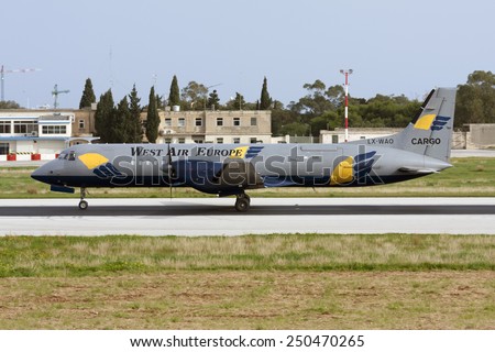 Luqa, Malta December 29, 2008: West Air Europe Cargo British Aerospace ATP(F) landing runway 14.