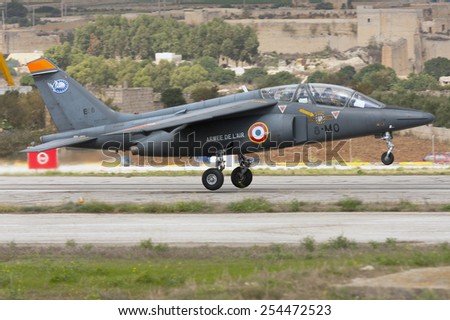 Luqa, Malta September 28, 2009: French Air Force Dassault-Dornier Alpha Jet E departing Malta after participating in the Malta International Airshow the previous 2 days.