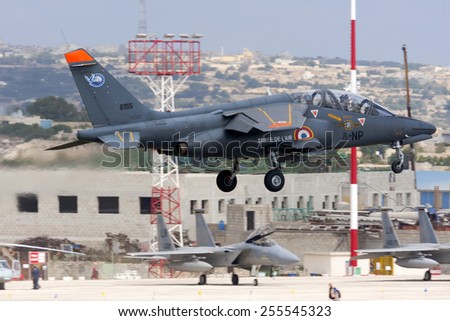 Luqa, Malta September 28, 2009: French Air Force Dassault-Dornier Alpha Jet E departing Malta after participating in the Malta International Airshow the previous 2 days.