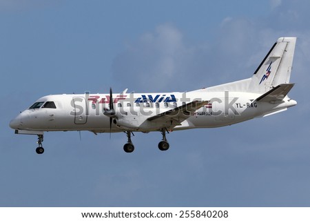 Luqa, Malta February 25, 2015: RAF-Avia Airlines (ACS - Air Charter Service) Saab-Fairchild SF-340A(F) landing runway 31, on its daily cargo flight.