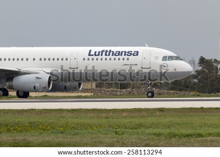 Luqa, Malta March 5, 2015: Lufthansa Airbus A321-231 just before take off from runway 31.