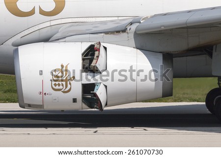 Luqa, Malta March 13, 2015: Rolls Royce Trent engine on Emirates Airbus 330-200 in thrust reverse while landing on runway 31.
