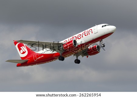 Luqa, Malta March 20, 2015: Air Berlin (Niki) Airbus A319-112 takes off from runway 13. A319 will be replacing the Embraer E190 in Niki\'s fleet, which should eventually end up in an all Airbus fleet.