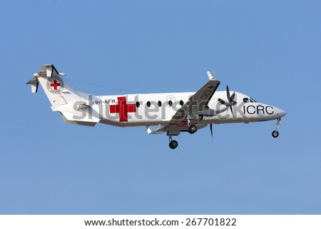 Luqa, Malta September 28, 2011: ICRC - International Committee of the Red Cross
Raytheon 1900D leased from Medavia to operate relief flights to Benghazi in Libya.