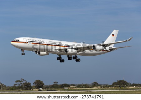 Luqa, Malta April 29, 2015: German Air Force Airbus A340-313 on finals for runway 31. Arriving for the official visit of German President Joachim Gauck.
