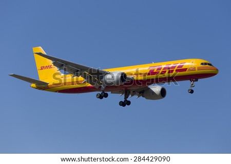 Luqa, Malta June 5, 2015: DHL (European Air Transport - EAT) Boeing 757-236(SF) D-ALED on finals runway 31.