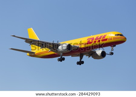 Luqa, Malta June 5, 2015: DHL (European Air Transport - EAT) Boeing 757-236(SF) D-ALED on finals runway 31.