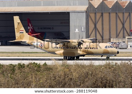 Luqa, Malta June 16, 2015: Egyptian Air Force CASA C-295M transiting through Malta on its delivery flight, landing in already very hot conditions