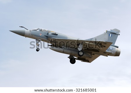 Luqa, Malta September 25, 2015: Greek Air Force Dassault Mirage 2000-5EG arriving runway 31 to participate in the Airshow during the coming weekend.