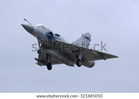 Luqa, Malta September 25, 2015: Greek Air Force Dassault Mirage 2000-5EG arriving runway 31 to participate in the Airshow during the coming weekend.
