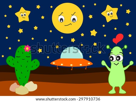 funny cartoon alien in love with cute cactus humor vector illustration