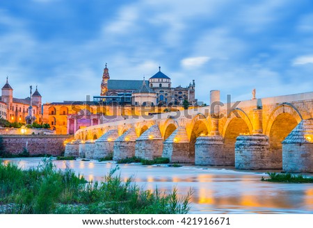 Illuminated bridge over the river, (roman architecture), in Cordoba - Andalusia