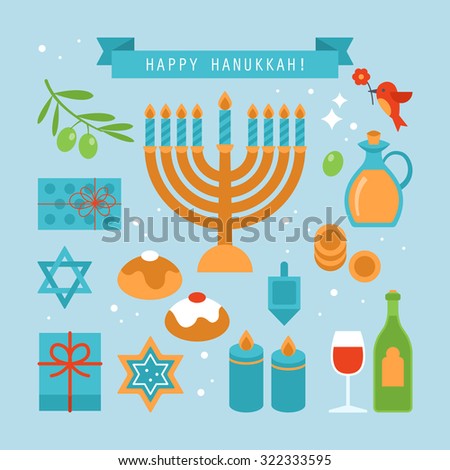Hanukkah holiday flat stylish icons set. Vector illustration