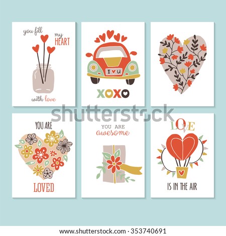 Valentine\'s day creative hand sketched greeting card set. Isolated vector illustration