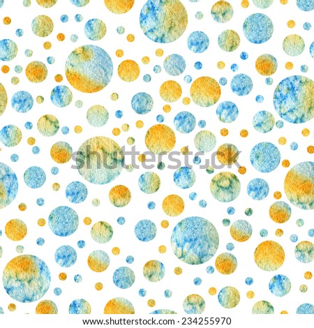 Abstract blue and yellow dots pattern, watercolor
