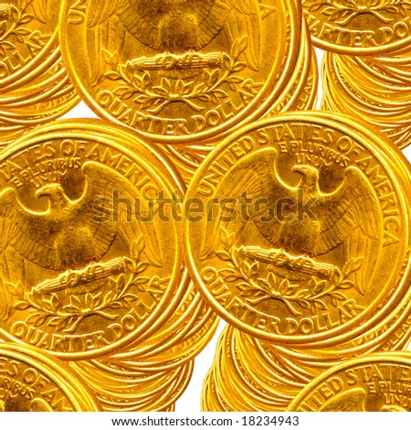 Golden quarter dollar piles over white background