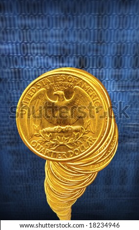 Golden quarter dollar piles over blue background