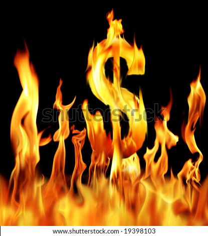 dollar sign shaped by fire flame over black background