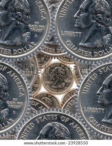 Digitally Generated Image of American quarter dollar in wheels