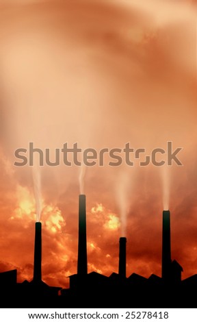 an image of factory chimney with smoke on sunset