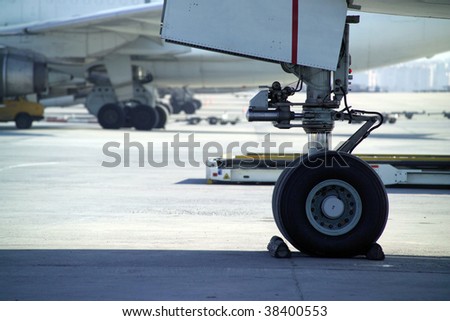 close up shot of  an airplane\'s wheel
