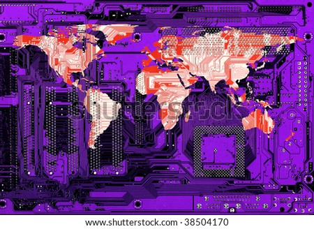 flat world map on purple computer circuitboard