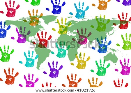 an image of a worldmap on handprint background