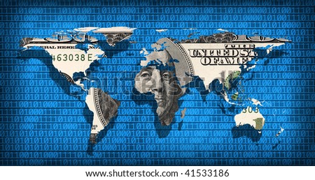 an image of flat world map on binary code and dollar bill