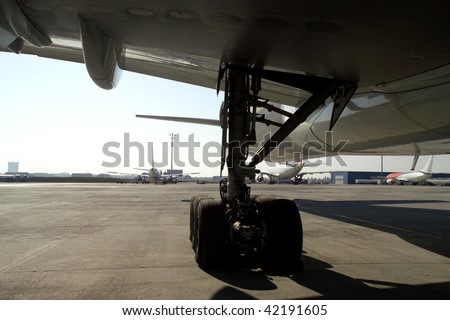 close up shot of  an airplane\'s wheel