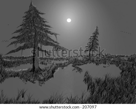 illustrated scene of migrating water fowl during a full moon