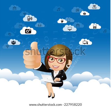 People Set - Cloud computing -Businesswoman work in the sky, Thumb up