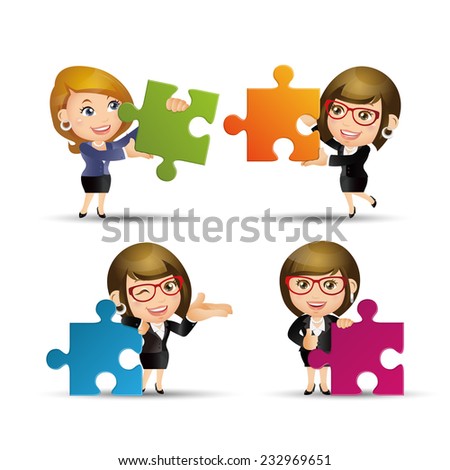 People Set - Business - Team of business people collaborate holding up jigsaw puzzle pieces as a solution to a problem