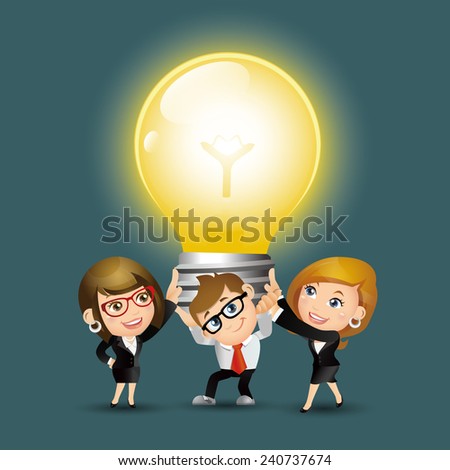 People Set - Business - Group of business people holding up huge light bulb