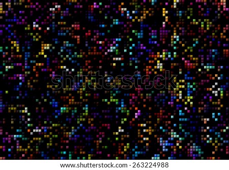 A pattern of colorful pixels dancing in the dark. The multicolor cubes are randomly scattered with bright and subdued combining to give a happy effect.