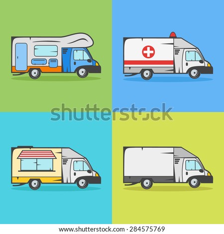 Set of transport icons Camper ambulance food truck and cargo truck Set of transport icons Camper ambulance food truck and cargo truck