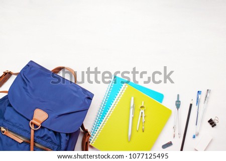 Student backpack and various school supplies. Studing, education and back to school concept