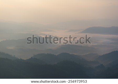 The layers of mountain in the fog.